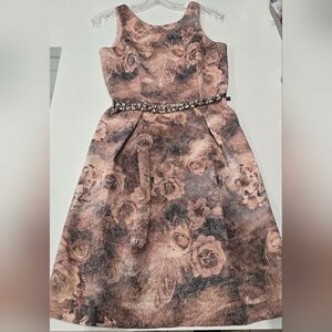 Badgley Mischka Brown Floral Metallic Print Fit& Flare Dress Beaded Belt, 0 NWT
